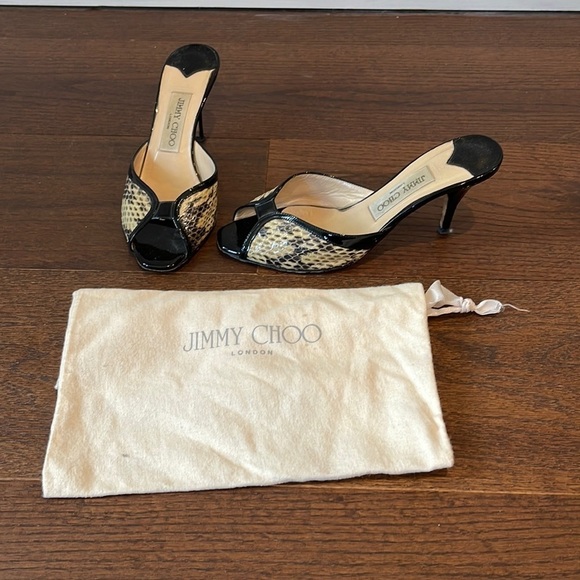 JIMMY Choo Black Snake Skin Heels Size 37.5/7.5 - Picture 1 of 7
